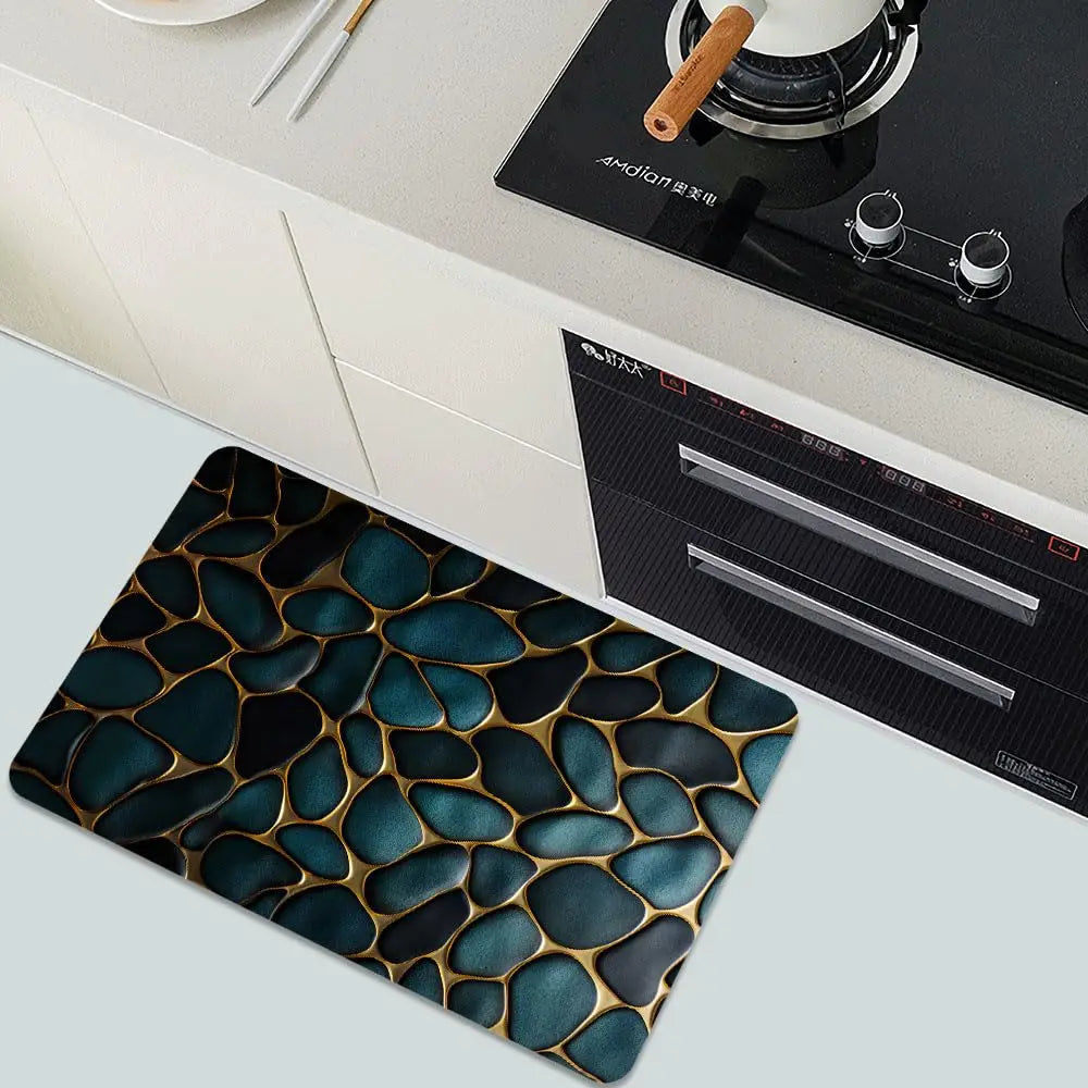 Diatomaceous Earth Bath Mat Blue and Gold Stones Non-Slip Volume Super Absorbent Fast Drying for Bathroom Kitchen Mat