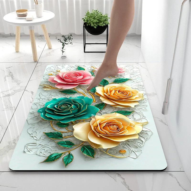 2D Printing Floral Mat Rug For Bath And Kitch Super Absorbent Quick Dry Rubber Backed Dirt Resistant Bath Rugs Mats